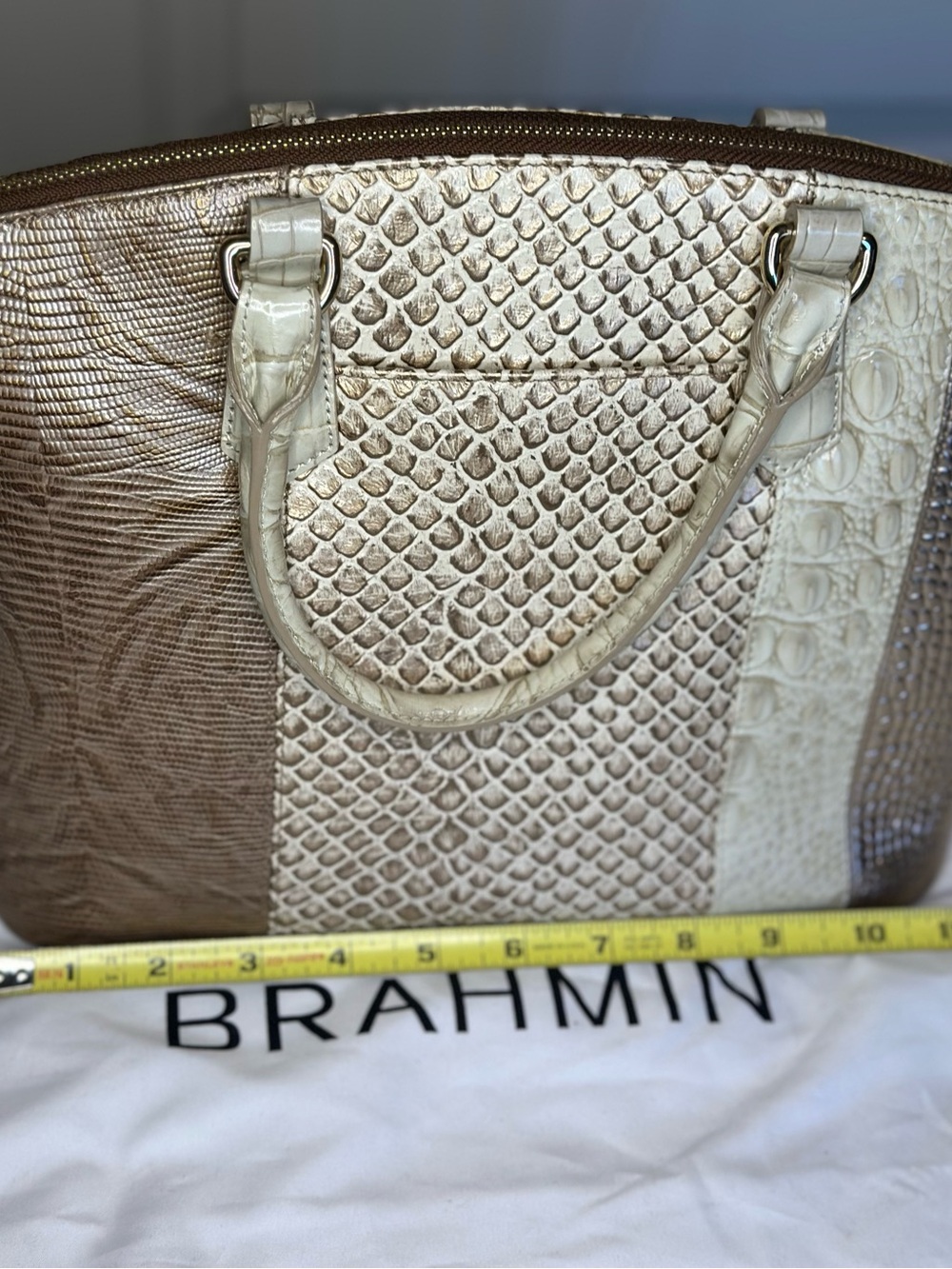 Brahmin Metallic Gold and Cream Croc-Embossed Satchel - Picture 2 of 5